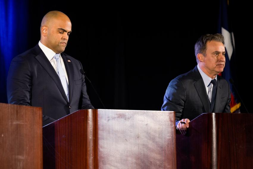 From left: U.S. Rep. Colin Allred, D-Dallas; and state Sen. Roland Gutierrez, D-San Antonio. The two men, running for the U.S. Senate in the Texas Democratic primary participate in a debate in Austin on Sunday, Jan. 28, 2024.