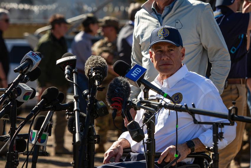 Gov. Greg Abbott arrives at a press conference with several other states leadership at Shelby Park in Eagle Pass on Feb. 04, 2024.