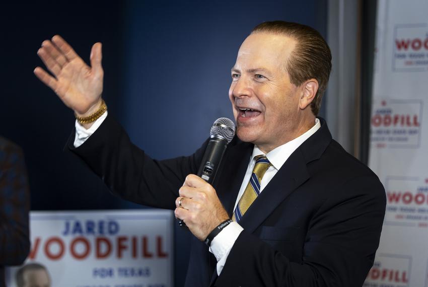 Jared Woodfill speaks during a reception for for his campaign at the Federal American Grill in Houston on Monday, Feb. 5, 2024.