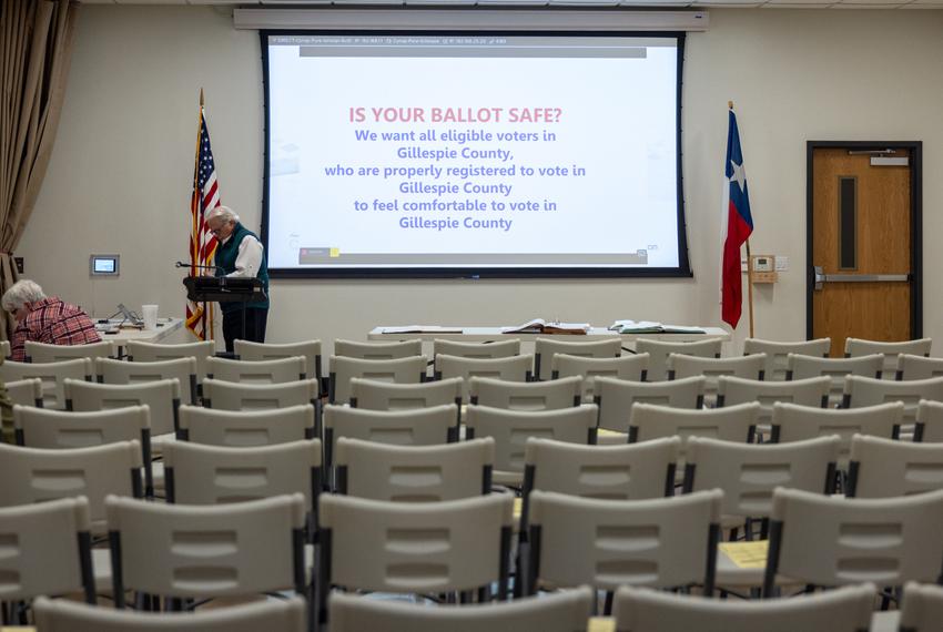 Gillespie County elections administrator, Jim Riley, waits for residents to be seated before beginning a presentation on the election process and ballots on Feb. 6, 2024. Riley covered topics such as Texas voting systems, protection on voting scanners and the process to steal a ballot if one was interested.