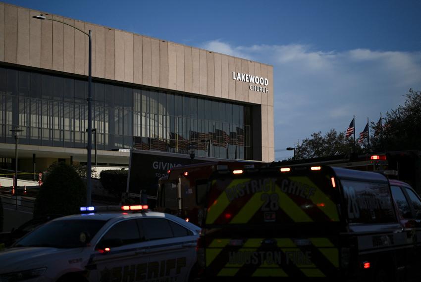 Law enforcement surround the area after a shooting incident at television evangelist Joel Osteen's Lakewood Church February 11, 2024, in Houston.