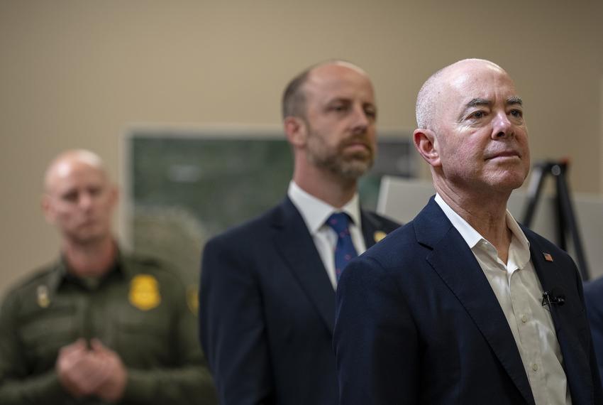 U.S. Secretary of Homeland Security Alejandro Mayorkas, right, listens as President Joe Biden receives a briefing from U.S. Customs and Border Protection, USCIS and ICE during a visit to Brownsville on Thursday, Feb. 29, 2024.