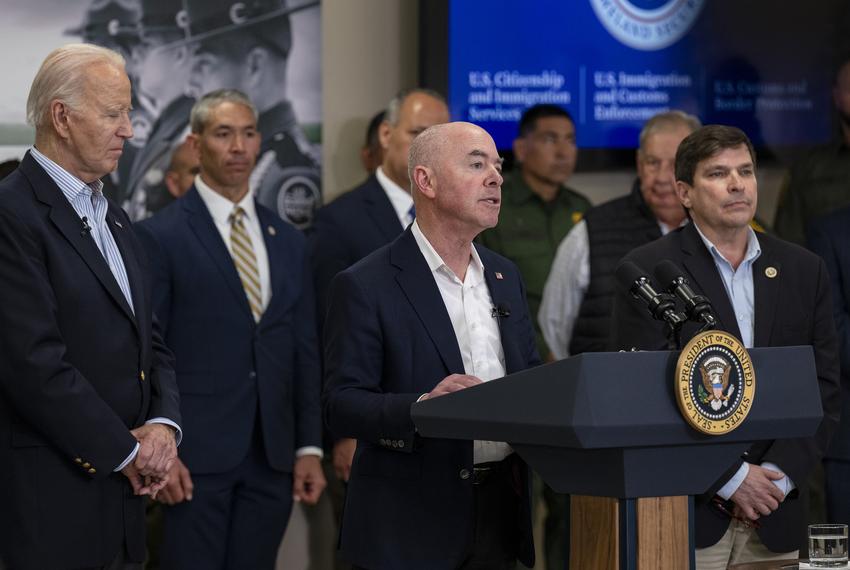 U.S. Secretary of Homeland Security Alejandro Mayorkas, center, gives remarks during a visit to Brownsville while President Joe Biden, San Antonio Mayor Ron Nirenberg and U.S. Rep. Vicente Gonzalez, D-McAllen listen on Thursday, Feb. 29, 2024.