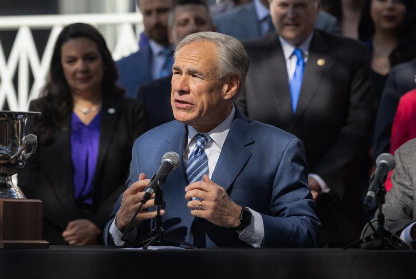 Gov. Greg Abbott makes an economic deveoplemt announcement on Mar. 1, 2024. Gov. Abbott was surounded by the previous Governor Trophies he had earned in previous years.