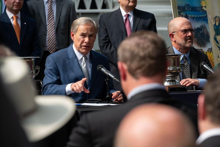 Gov. Greg Abbott answer questions from the press after receiving the state’s eleventh consecutive Governor’s Cup, awarded to states with high job creation rates and business growth, at the Governor’s Mansion on March 1, 2023.