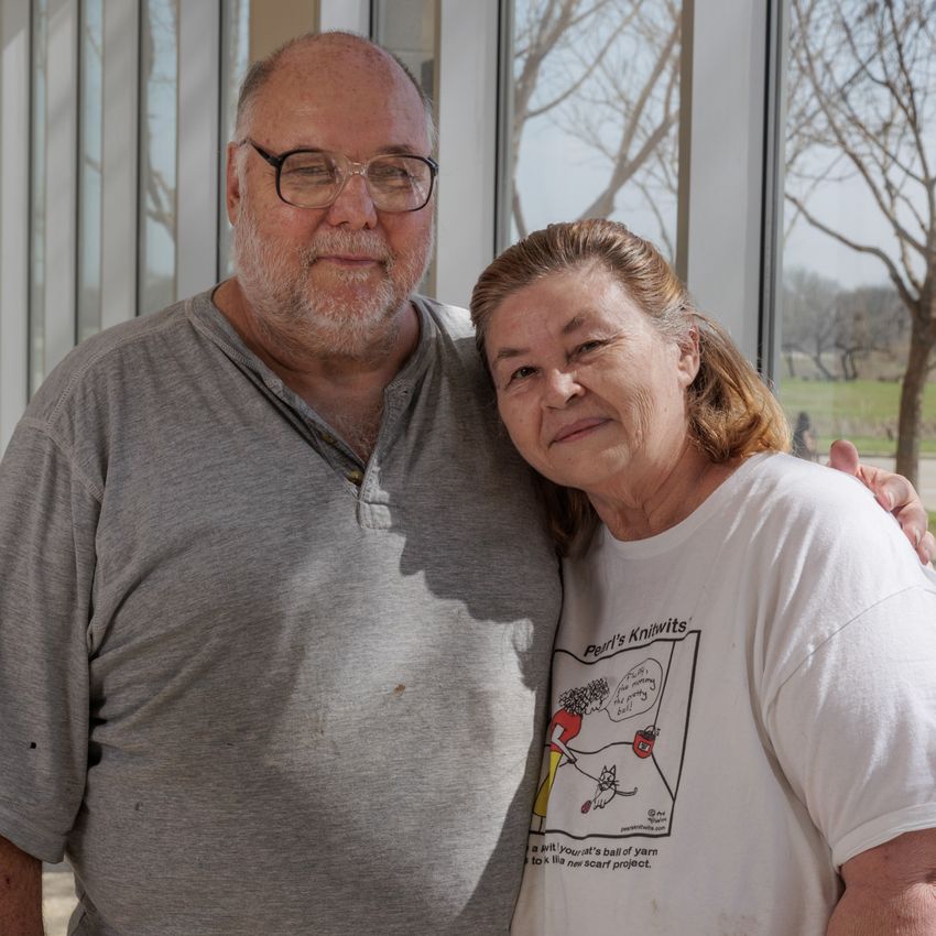 David and his wife Ella Sheffler pose for a portrait after voting at the Tarrant County College Southeast Campus polling location in Arlington on primary election day, March 5, 2024.