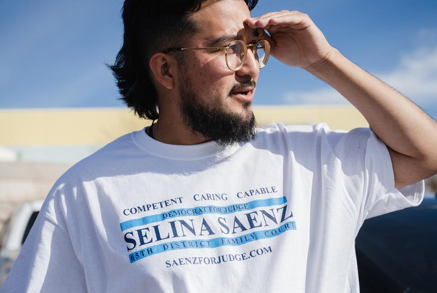 Omar Jasso canvassing outside of the Gary del Palacio Recreation vote center. Jason has lived in El Paso for three months to work on the Selina Saenz and Nancy Casas campaigns. El Paso, Texas on March 5, 2024.