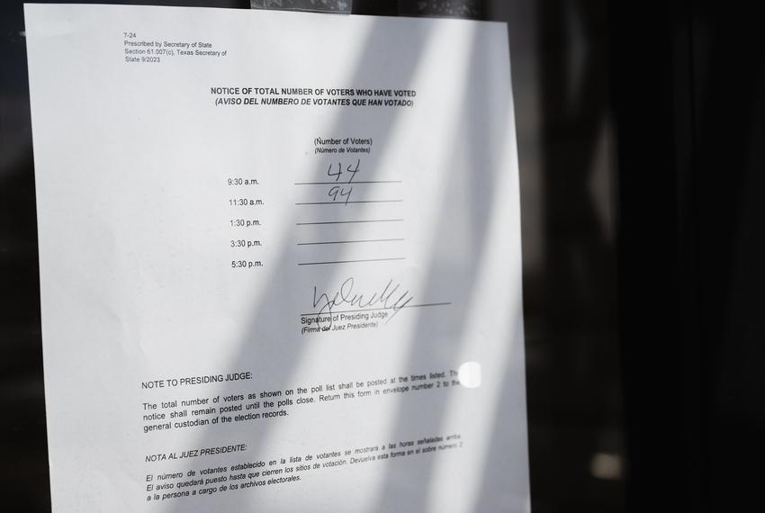 The notice of total number of voters at the Memorial Park Senior Citizen Center vote center tallied 94 people by 11:30am in El Paso, Texas on March 5, 2024.