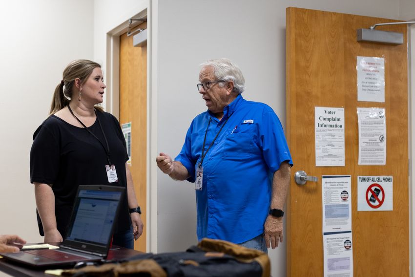 Gillespie County Elections Administrator Jim Riley speaks in the hallway of the Elections Office in Fredericksburg in the early morning of Mar. 6, 2024.