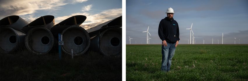 Left: Discarded blades from wind turbines sit stacked in a field with other scrap on March 4, 2024, in Sweetwater. Right: RWE Site Lead Justin Shaw introduces local students to the idea of a future in the wind industry in the region.