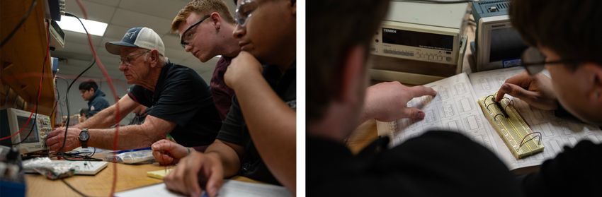 First: Texas State Technical College Wind Energy Technology instructor Russell Benson, left, helps students during a lab on inductors on March 5, 2024, in Sweetwater. Last: Students Shayne Howard, left, and Steven Vasquez work together to troubleshoot a logic gate while assembling a circuit.