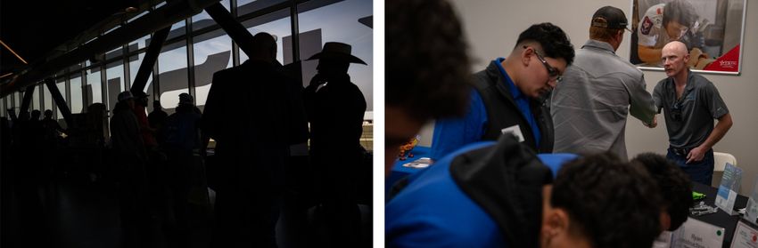 Left: Recruiters speak to job seekers during the job fair hosted by Texas State Technical College in Abilene. Right: NextEra Wind Site Manager Gus Saunders shakes hands with a job seeker during the job fair.