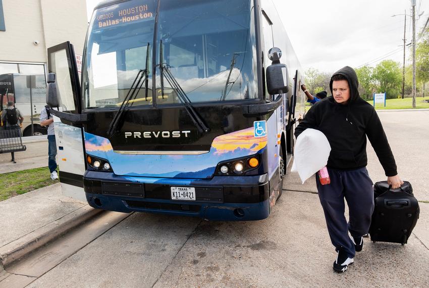 Curtavion Saunders exits a Greyhound bus at the Sidney Bell Willis Transit Facility, on Wednesday March 13, 2024, at Longview's multi-modal transportation center. (Michael Cavazos/Photo)