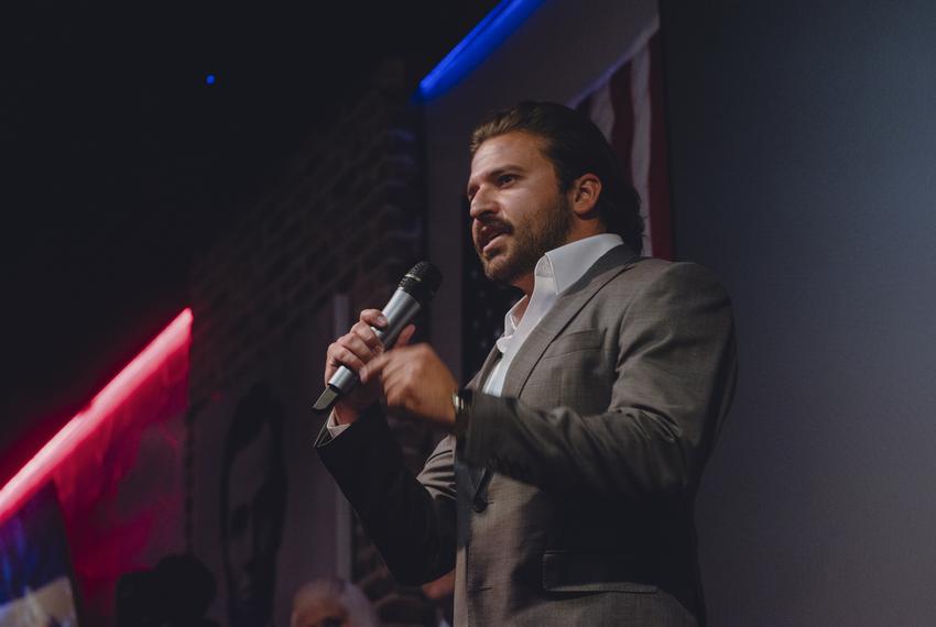 Brandon Herrera, Republican candidate for the US House for Texas’ 23rd congressional district, speaks during a campaign event at the Angry Elephant, a politically themed bar, March 14, 2024 in San Antonio.