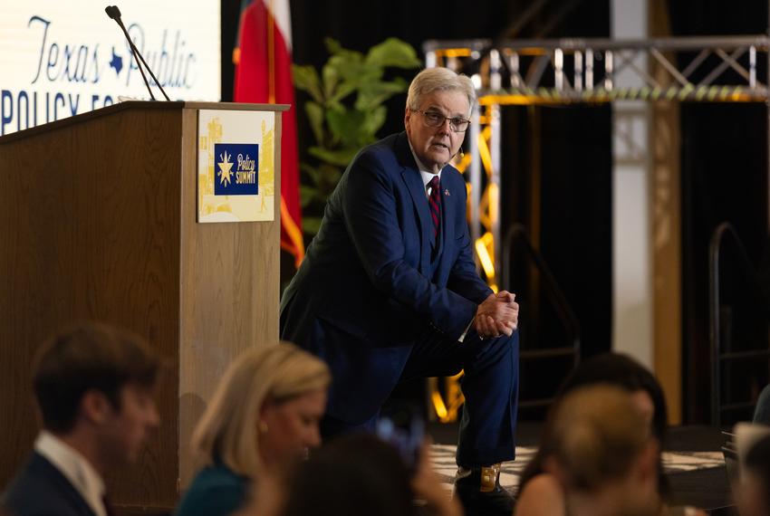 Lt. Gov. Dan Patrick takes a knee while speaking during a keynote lunch at the Texas Public Policy Foundation Texas Policy Summit 2024 at the AT&T Hotel & Conference Center in Austin, TX on Mar. 21, 2024. Lt. Gov. Patrick spoke on policy regarding energy, border control, school choice and taxes.