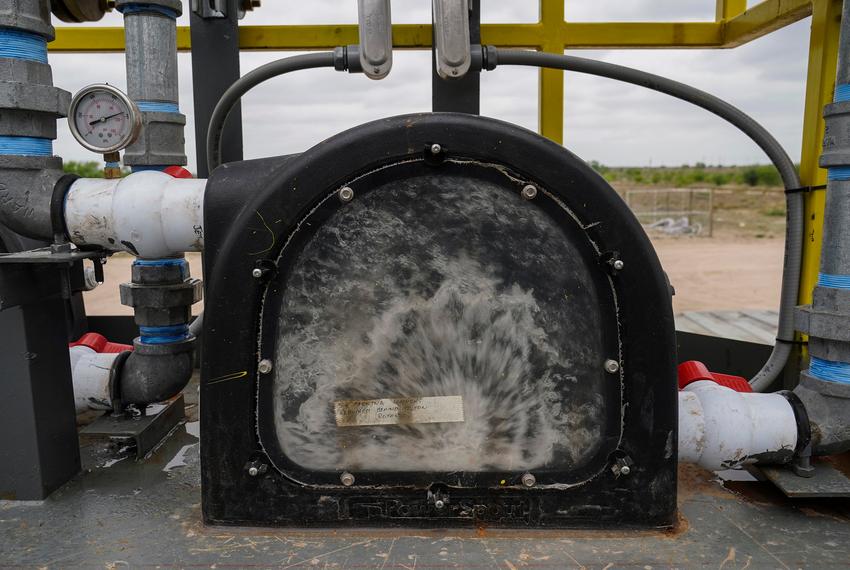 The turbine demonstration, which shows that they can convert pressure energy into mechanical and generate energy, is seen on March 22, 2023 in Starr County Santa Elena. The startup is testing storing energy in the ground.
Verónica G. Cárdenas for The Texas Tribune