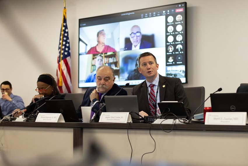 Executive Director of the Texas Medical Board Stephen Brint Carlton, J.D., speaks prior to the start of the Texas Medical Board Full Board Meeting in the George H.W. Bush Building in Austin, Texas on Mar. 22, 2024. The meeting was postponed 15 minutes from the original start time of 8 a.m.