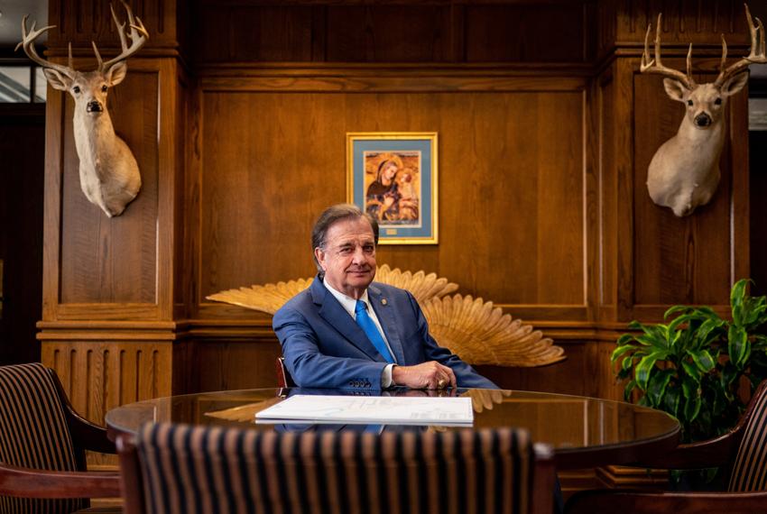 Texas A&M Chancellor John Sharp poses for a portrait in his office on Monday, March 27, 2023 in College Station, TX.