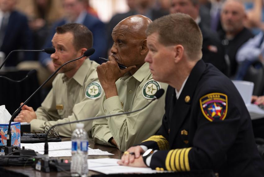 From left, Texas A&M Forest Service Fire Chief Wes Moorehead, Director of Texas A&M Forest Service, Al Davis, and Chief of the Texas Division of Emergency Management Nim Kidd, sit before a House Committee investigating the Panhandle wildfires Tuesday, April 2, 2024 in Pampa. On Tuesday, testimony focused on topics relating to the largest wildfire in Texas history.