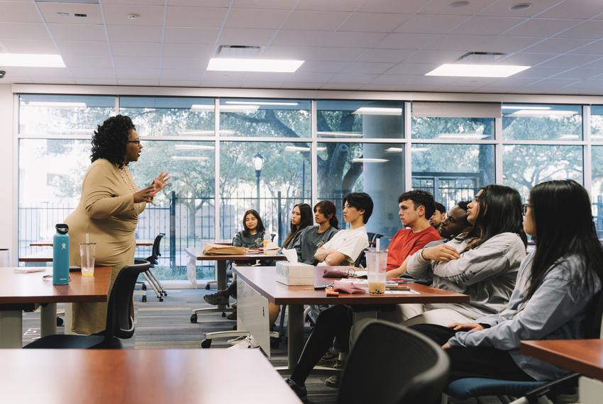 TaKasha Francis, Judge-elect of the 152nd civil district court, speaks to students at DeBakey High School Civics Club’s voter education conference about the importance of having a voice and vote during elections in Houston, on Friday, April 5, 2024.