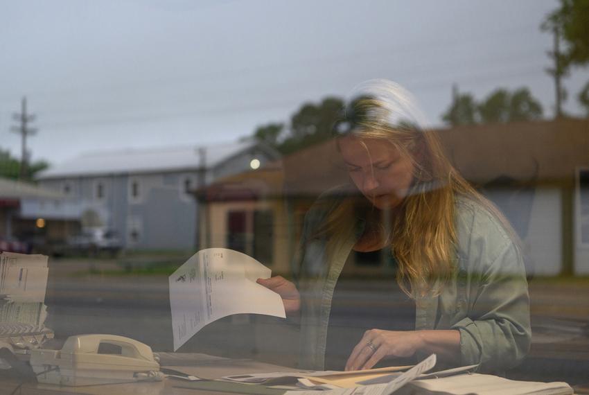 April Wright, Kennard’s city administrator, reviews paperwork inside City Hall in Kennard, Texas, U.S., on Tuesday, April 9, 2024. The city of Kennard has canceled its City Council elections for at least the 18th time.