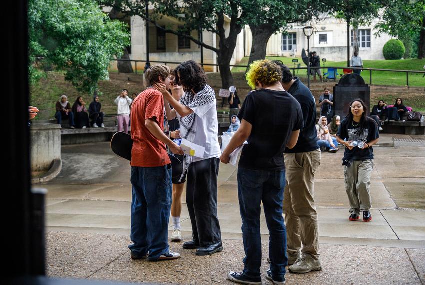 Protesters walk out of the Travis County Jail to be welcomed by community members, fellow students and other supporters gathered outside the jail in Austin on Thursday, April 25, 2024.