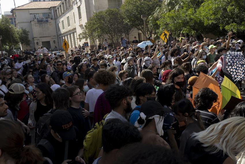 Protestors chant “Off our campus” to law enforcement at the University of Texas on Apr. 29, 2024.