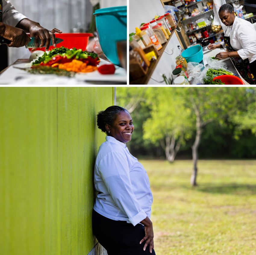 Top left: Roachford chops vegetables as she prepares a Panamanian-inspired dish at her restaurant on April 7, 2024, in Cleveland. Top right: Roachford eyes a bushel of parsley. Bottom: Roachford said mastering her culinary skills honors her family’s legacy. Both Roachford’s father and grandmother were cooks.