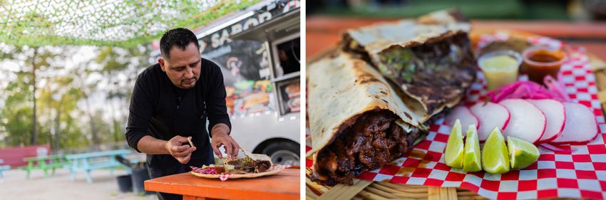 Left: Irving Aragon Ramos, 45, Tlayudas House owner, prepares a Tlayuda Oaxaqueña for photos on March 8, 2024, in Cleveland. Right: Tlayuda Oaxaqueña dish, with queso de hebra, or Oaxacan cheese, fried black beans, pork lard, plus lettuce and your meat of choice.