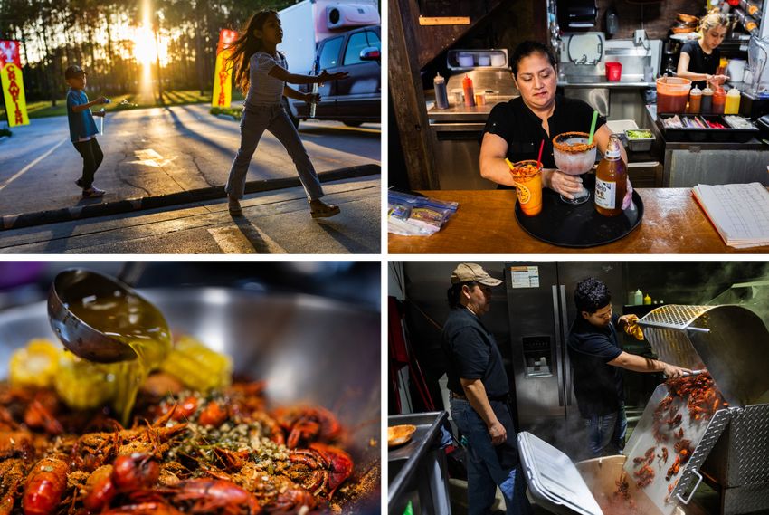 Clockwise: Daniela Lopez, 9, daughter of Leo’s Beer Barn owner, plays with her cousin Daniel Orozco, 6, while her mother Susana Cazares works in the family business, on April 12, 2024, in Cleveland. Cazares prepares michecaguama. A ladle of melted butter decorates a platter of seasoned crawfish for sale at Leo’s Beer. Leo Lopez, right, whom Leo’s Beer Barn is named after, transfers boiled crawfish into a cooler.