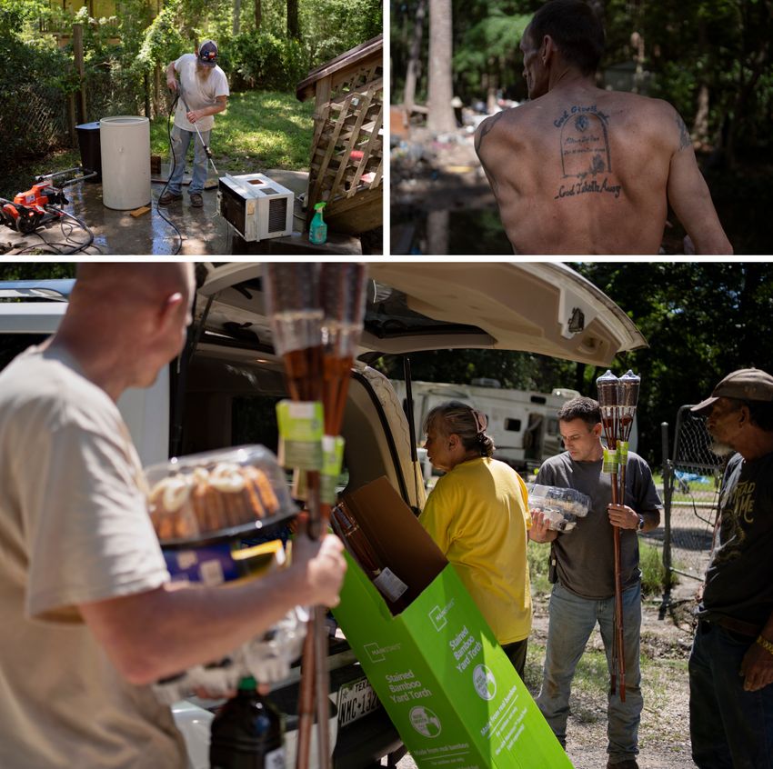 Top left: Jason Hodges pressure washes an air conditioning unit swamped by flooding at a rental property owned by Madigan. Top right: Rodger Pace’s back tattoo reads, “God Giveth and... God Taketh Away.” Bottom: Elvia Bethea, center left, passes out donated goods to John Smith III, left, John Gray, center right, and Jose Tabores, right, who were all affected by flooding.