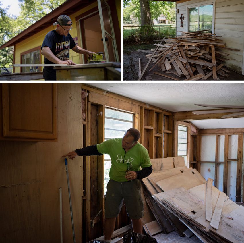 Top left: Jason Hodges pressure washes an AC unit affected by flooding at a rental property owned by Madigan. Top right:Rodger Pace’s back tattoo reads, “God Giveth and... God Taketh Away.” Bottom: Elvia Bethea, center left, passes out donated goods to John Smith III, left, John Gray, center right, and Jose Tavares, right, who were all affected by flooding.