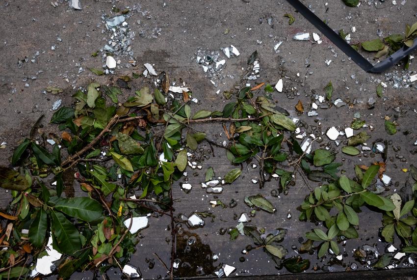 Debris after the storm on Louisiana Street in downtown, Friday, May 17, 2024, in Houston. (Antranik Tavitian / Houston Landing)