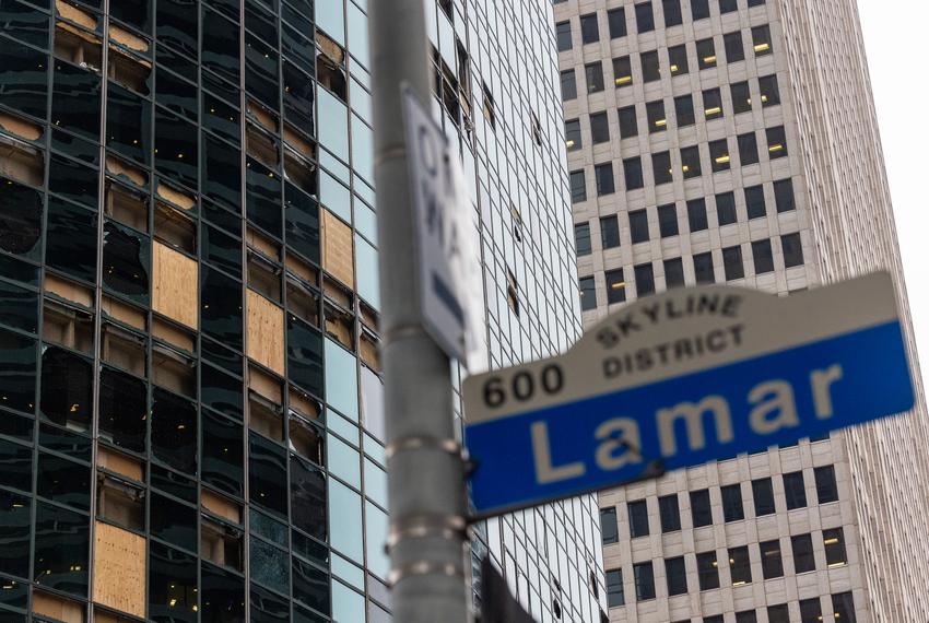 The damaged Well Fargo Plaza building in downtown, Friday, May 17, 2024, in Houston. (Antranik Tavitian / Houston Landing)