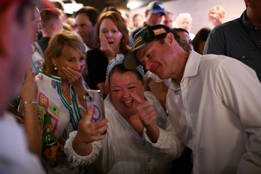 House Speaker Dade Phelan celebrates after declaring victory over challenger David Covey on May 28, 2024 at JW’s Patio in Beaumont.