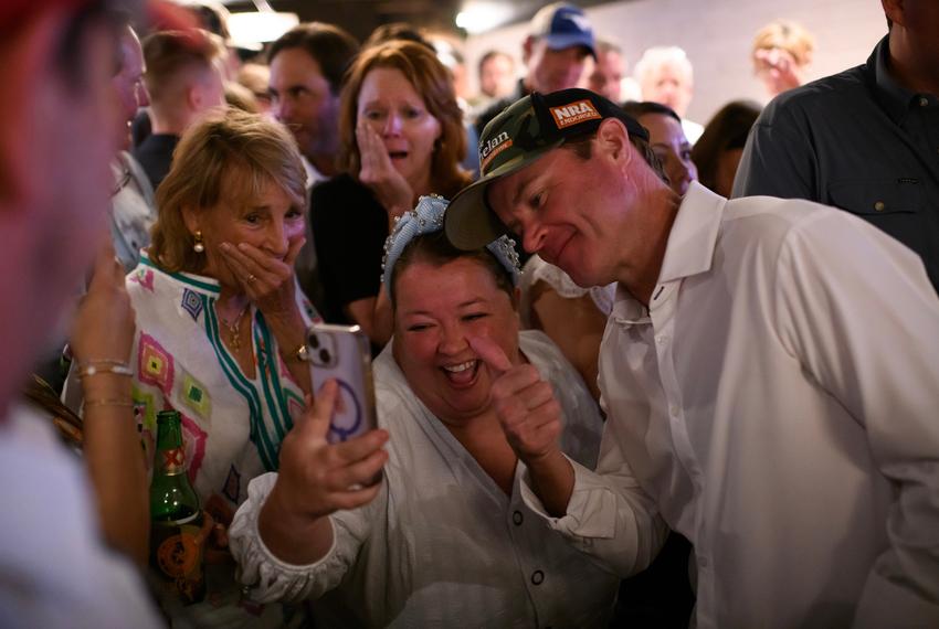 House Speaker Dade Phelan celebrates after declaring victory over challenger David Covey on May 28, 2024 at JW’s Patio in Beaumont.
