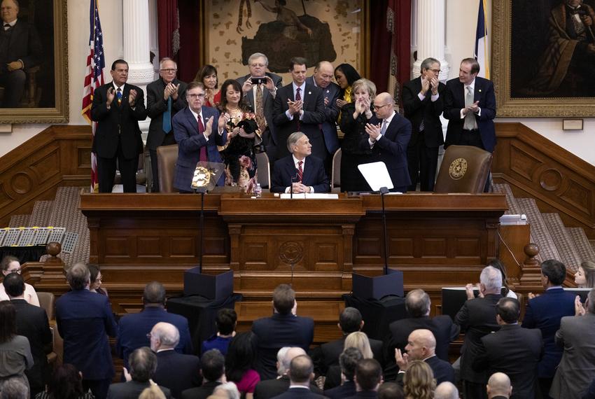 Gov. Greg Abbott addresses state officials at the State of the State address in the House Chambers at the State Capitol on Feb. 5, 2019.