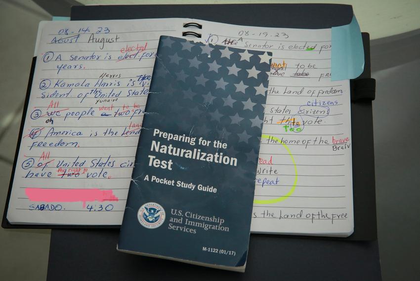 Carmen Ramirez's notes in her Baytown home on August 24, 2023. Ramirez, originally from Colombia, takes weekly English classes and studies the U.S. Citizenship and Immigration Services guides in preparation for the naturalization test.