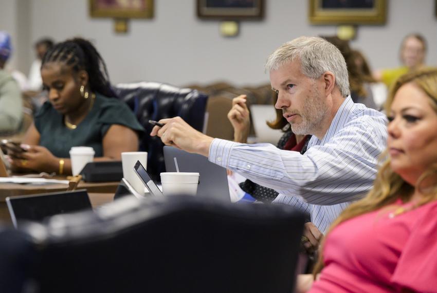 State Board of Education Member District 6 Will Hickman poses a question to Commissioner of Education Mike Morath during a hearing Tuesday, Aug. 29, 2023 at the William B Travis Building in Austin.