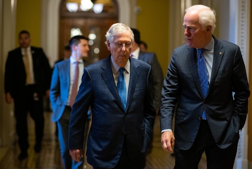 Senator Mitch McConnell (R-KY), the Senate Minority Leader, speaks with Senator John Cornyn (R-TX) at the U.S. Capitol, in Washington, D.C., on Monday, January 23, 2023.