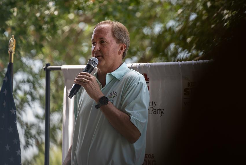 Texas Attorney General Ken Paxton speaks at the Collin County Labor day picnic in Plano, Texas on Sept. 2, 2023, just days before his impeachment trial.