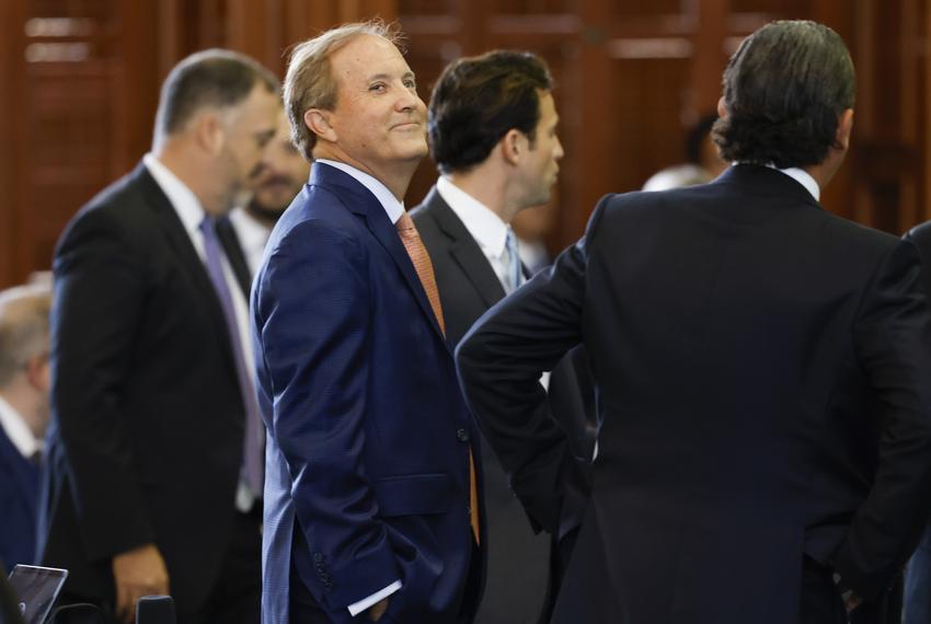 Texas Attorney General Ken Paxton looks up at the gallery during the first day of his impeachment trial in the Texas Senate chambers at the Texas State Capitol in Austin on Tuesday, Sept. 5, 2023.