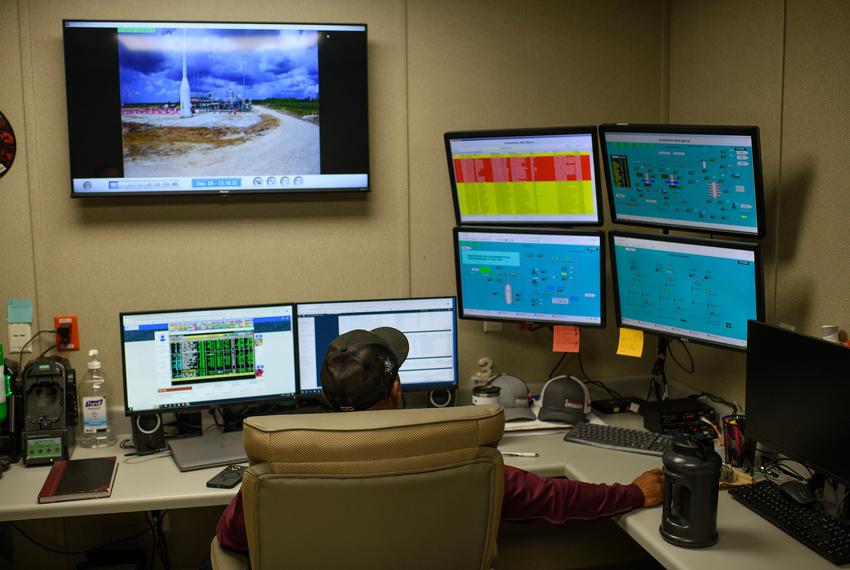 Beaumont, Texas: A worker monitors the hydrogen storage at the largest hydrogen storage facility September 5, 2023 in Beaumont, Texas. Mark Felix/The Texas Tribune