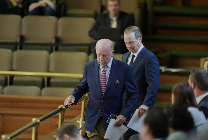 From left: Conservative activists Steven Hotze and Jared Woodfill enter the Senate gallery during the afternoon session of Day 1 of the Ken Paxton impeachment trial in the Texas Senate on Sept. 5, 2023.