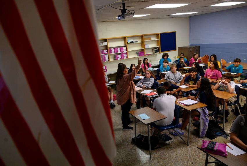 Nimitz Middle School 7th grade teacher Pricilla Martinez leads her class in an activity Wednesday, Sept. 13, 2023 in Odessa. Martinez said that due to the increased amount of families moving to the Permian Basin, they sometimes teach 38 to 40 kids per class. “It’s been six weeks and I still don’t know all of their names… Its embarrassing to me,” Martinez said.