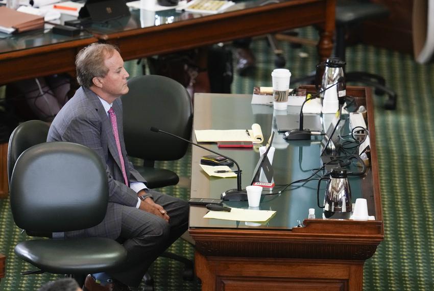 Texas Attorney General Ken Paxton sits alone at the defense table during the morning of day nine of Paxton's impeachment trial in the Texas Senate on September 15, 2023.