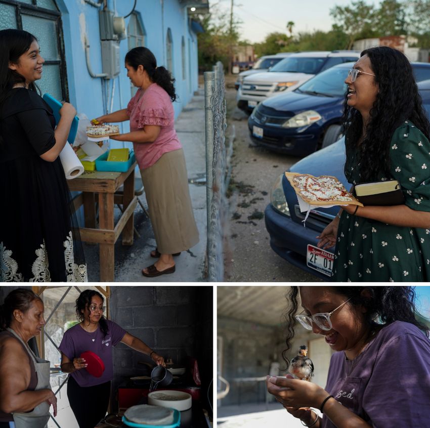 Top: Claudia González speaks with church members after Sunday service. Bottom left: González and her mother, Guadalupe González, prepare breakfast at their home. Bottom right: González holds her chick, Mushito.