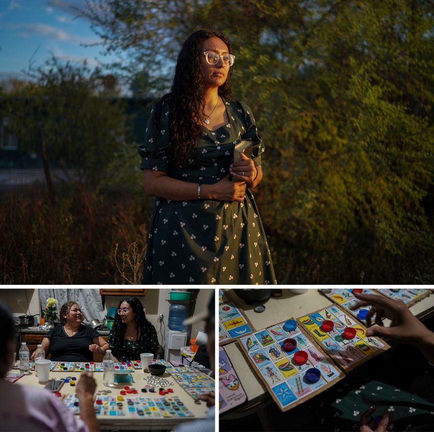 Top:  Claudia González left her 15-year-old son with his father in Houston while she lives in Mexico and tries to find a legal way to return to her family. Bottom left: González plays lotería with family after church in Tamaulipas. Bottom right: Bottle caps on lotería cards.