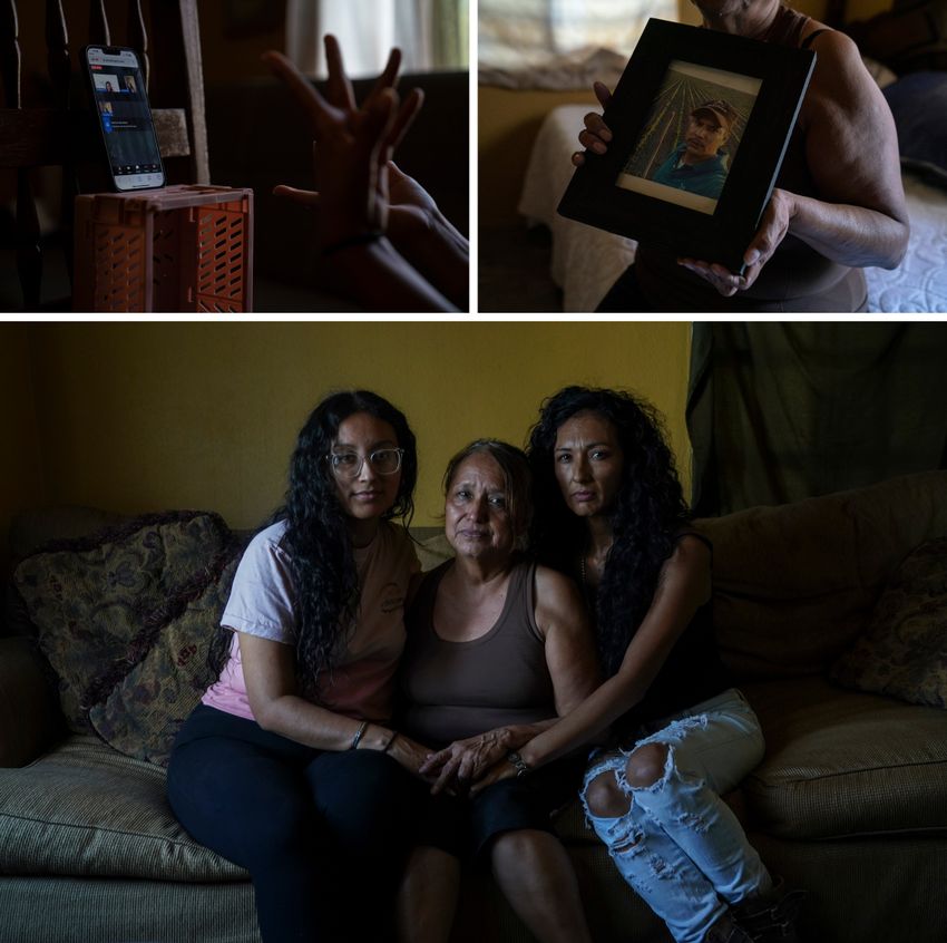 Top left: Claudia González shares her story on a live stream with members of the Dreamers 2gether group. Top right: Guadalupe González holds a photo of her son, who hasn’t been heard from since he was kidnapped in 2020. Bottom: From left: Claudia González, her mother Guadalupe González, and her sister Ma Guadalupe González at their home in Tamaulipas.