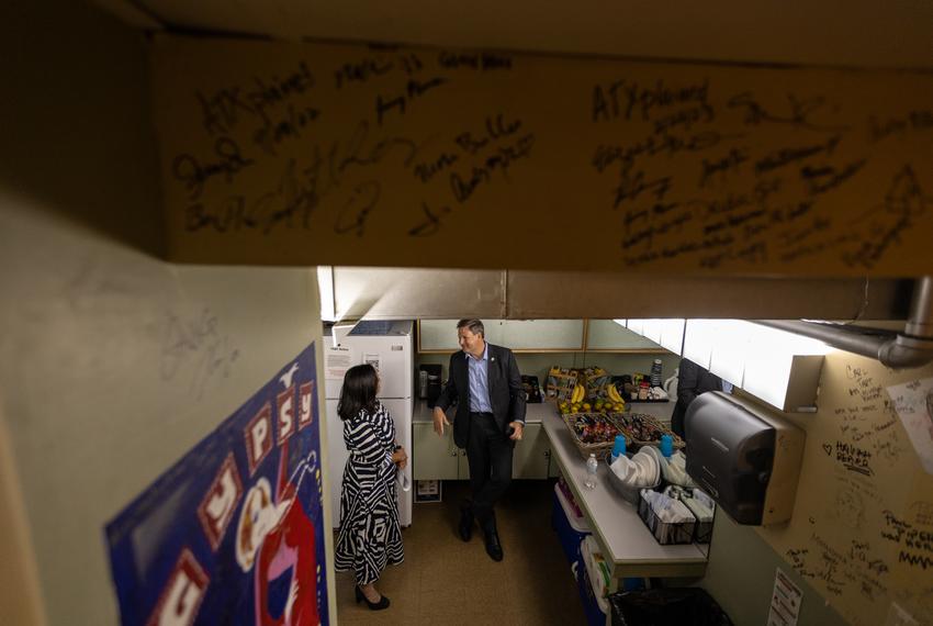 Texas Tribune CEO Sonal Shah, left, speaks with New Hampshire Gov. Chris Sununu backstage at The Paramount Theatre before co-founder Evan Smith's one-on-one conversation with Gov. Sununu during The Texas Tribune Festival 2023, in Austin, on Sept. 21, 2023.